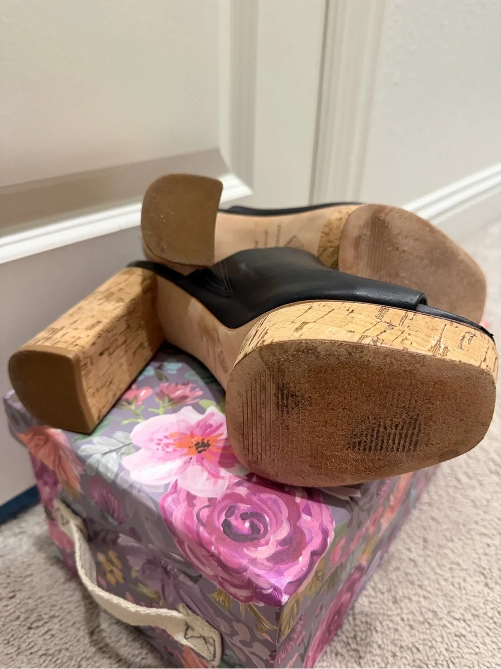 ANTONIO MELANI Black Leather Cork Platform Mule Slides